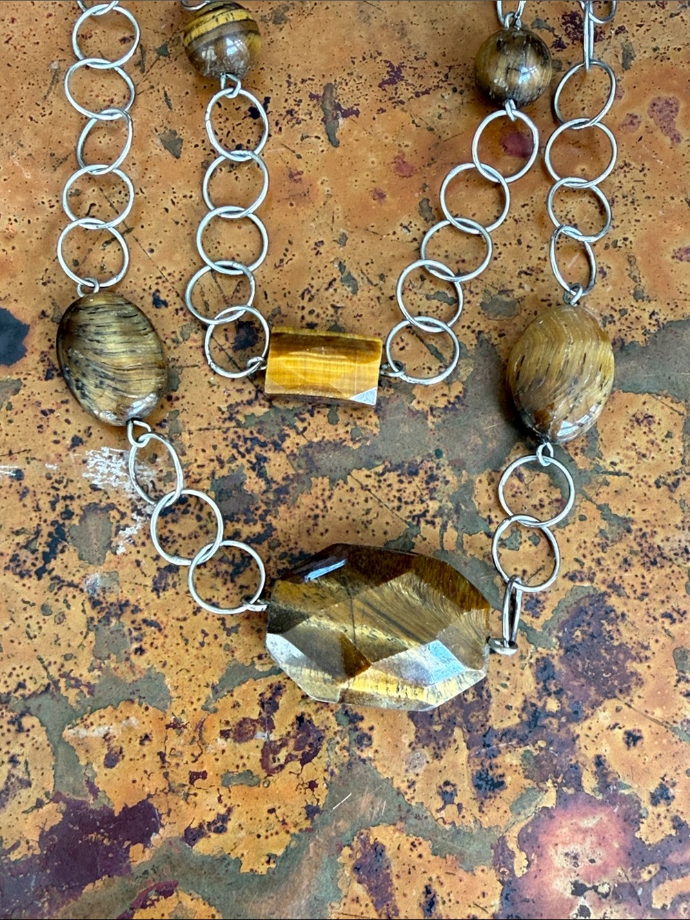Brown Tiger's Eye Beaded Double-Strand Silver Link Necklace- 18” w/ 3” Extender - Picture 3 of 5